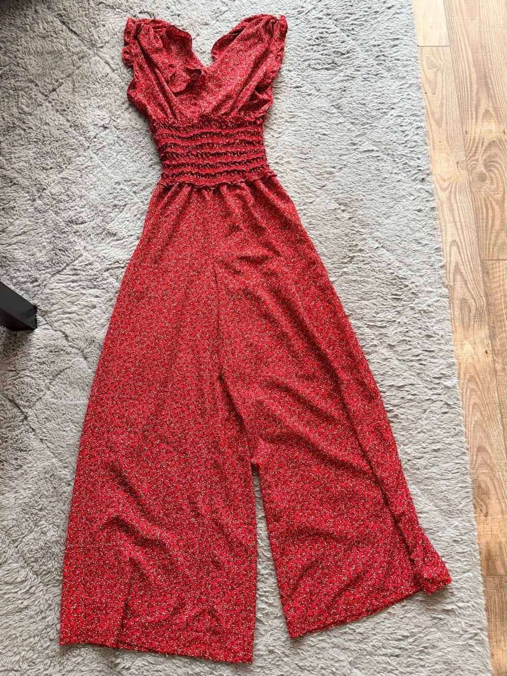 MAX STUDIO. Red Floral Smocked Wide-Leg Jumpsuit. Size M